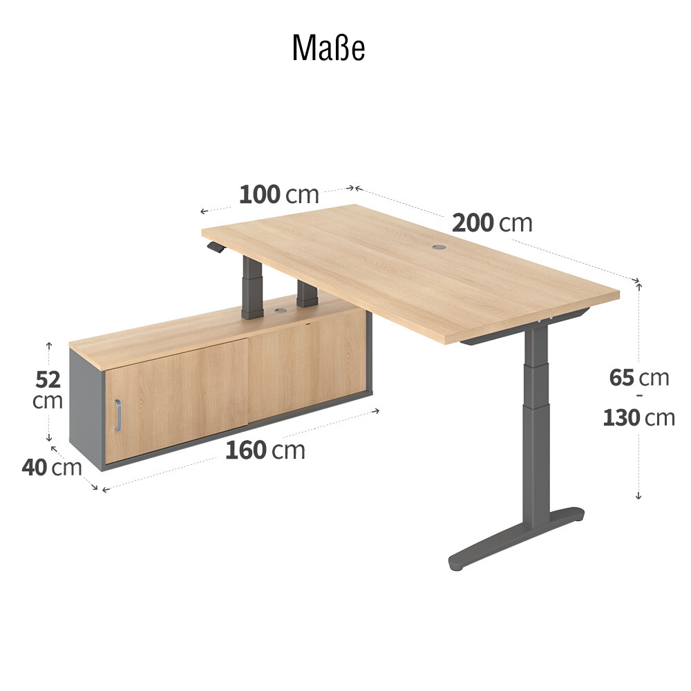 Eiche mit höhenverstellbarer Schreibtisch Größe: XBHM2C Sideboard Gestell-Farbe: Serie hell/Graphit elekt. Graphit Dekor: cm / 200x100 / / - vxbhm2c/eg/gg Hammerbacher