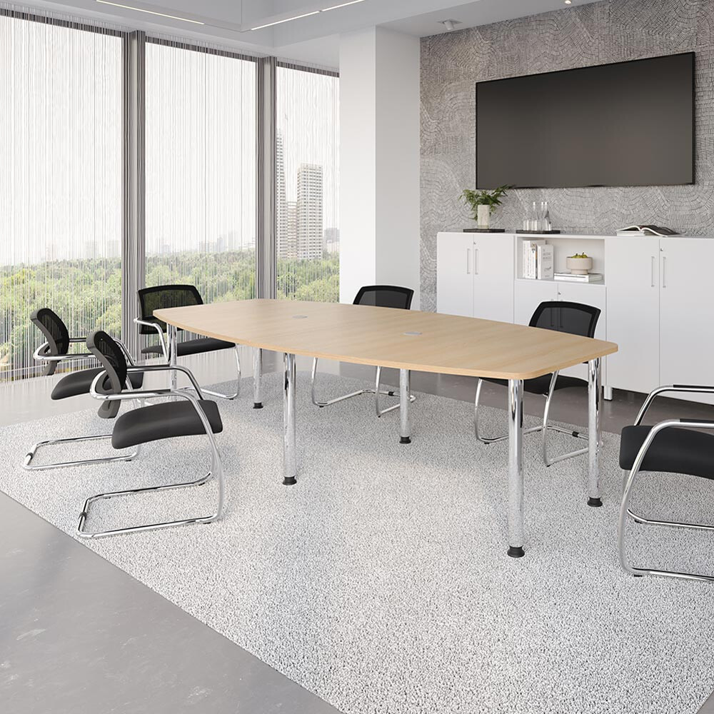 Hammerbacher Konferenztisch KT-Serie für 6-8 Personen / Größe: 220x103/83 cm / Dekor: Ahorn / Gestell: Rundrohr verchromt