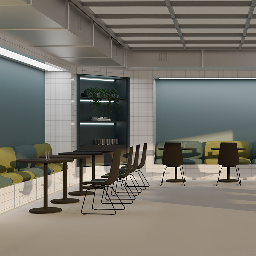 Ergonomischer Stuhl Aeris Linu für Besprechungsräume und Kantinen mit schwarzem Gestell in zeitgemäßer Cafeteria