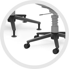 Unterer Bereich des ergonomischen Stuhls Aeris Linu, Darstellung der erhältlichen Gleitern und Rollen.