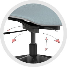 Nahaufnahme der verbauten Bewegungsmechanik vom Aeris Linu Task, mit Pfeilen zur Darstellung der Beweglichkeit des Stuhls.