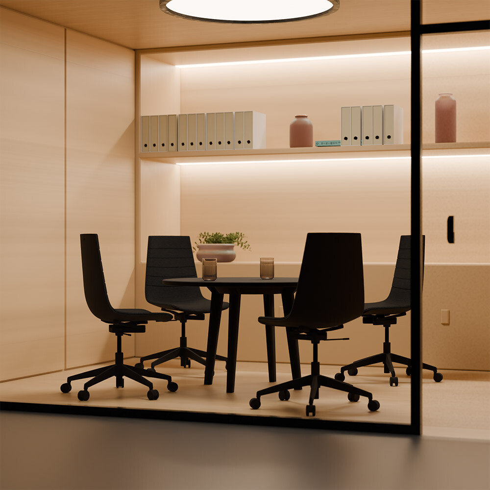 Moderner Konferenzraum mit kleinem Tisch und dem Aeris Linu Task mit Säulengestell.