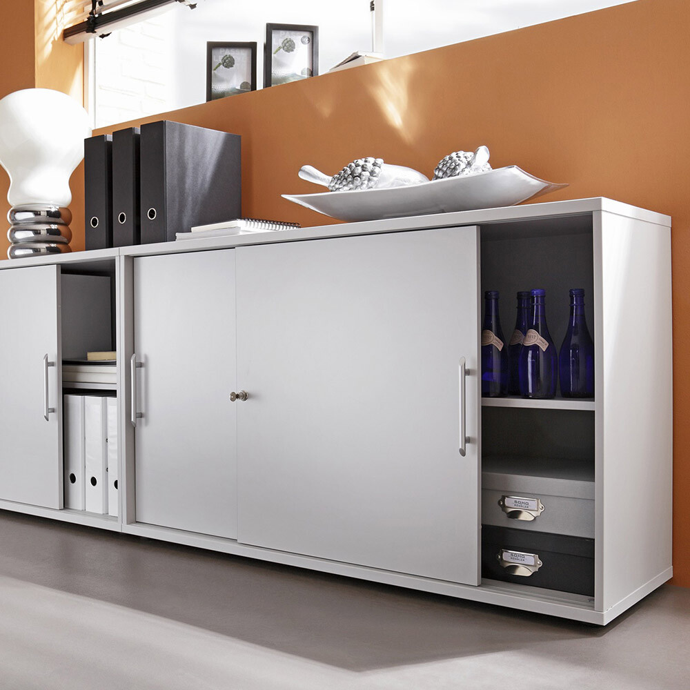 Hammerbacher Schiebetürenschrank Basic 2 OH / Größe: 120 x 40 x 74,8 cm / Dekor: Grau / Griff: Chromgriff